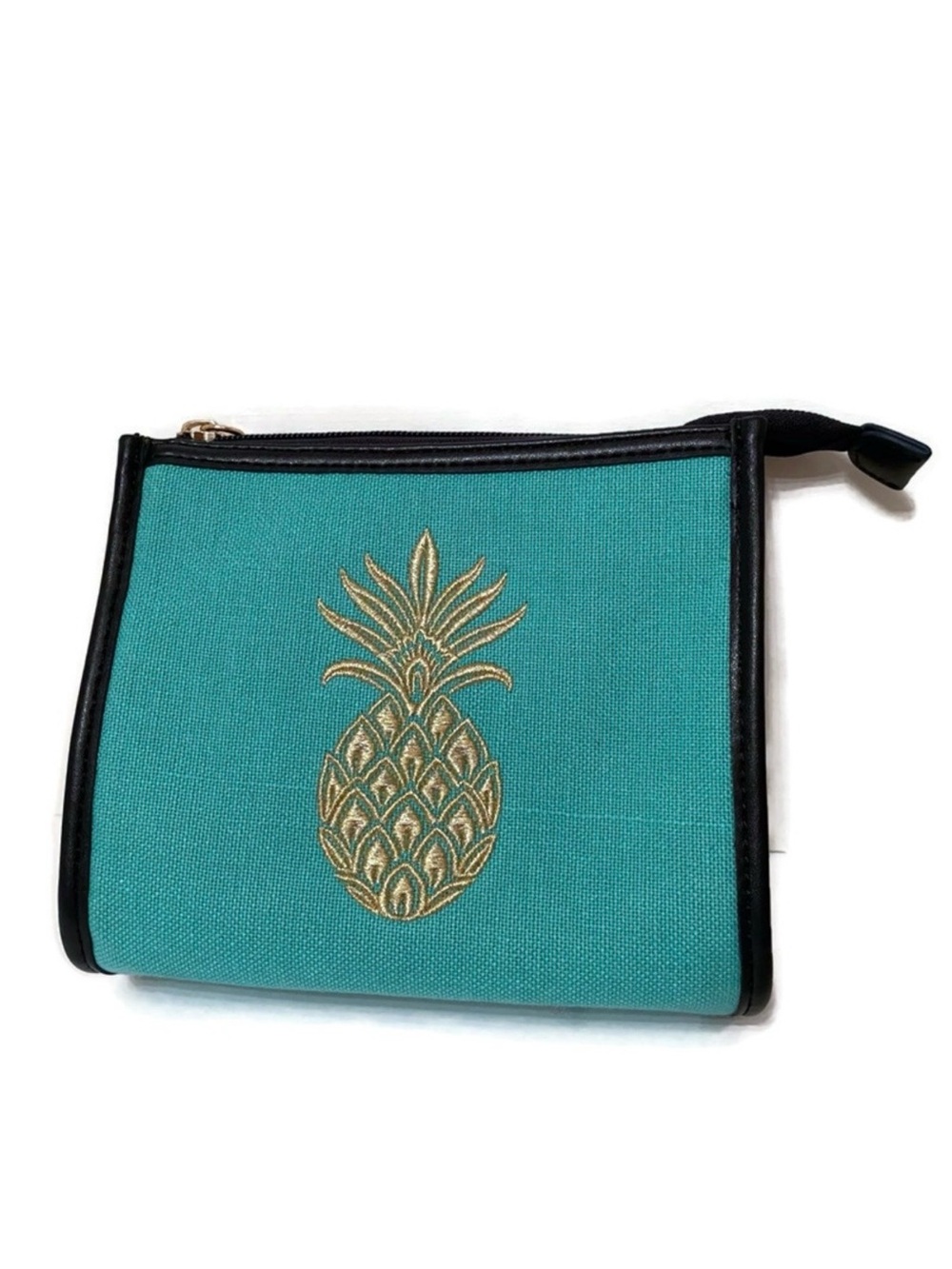 SPARTINA 449 BAG COSMETIC CLUTCH BLUE GOLD PINEAPPLE DESIGN ZIP TOP